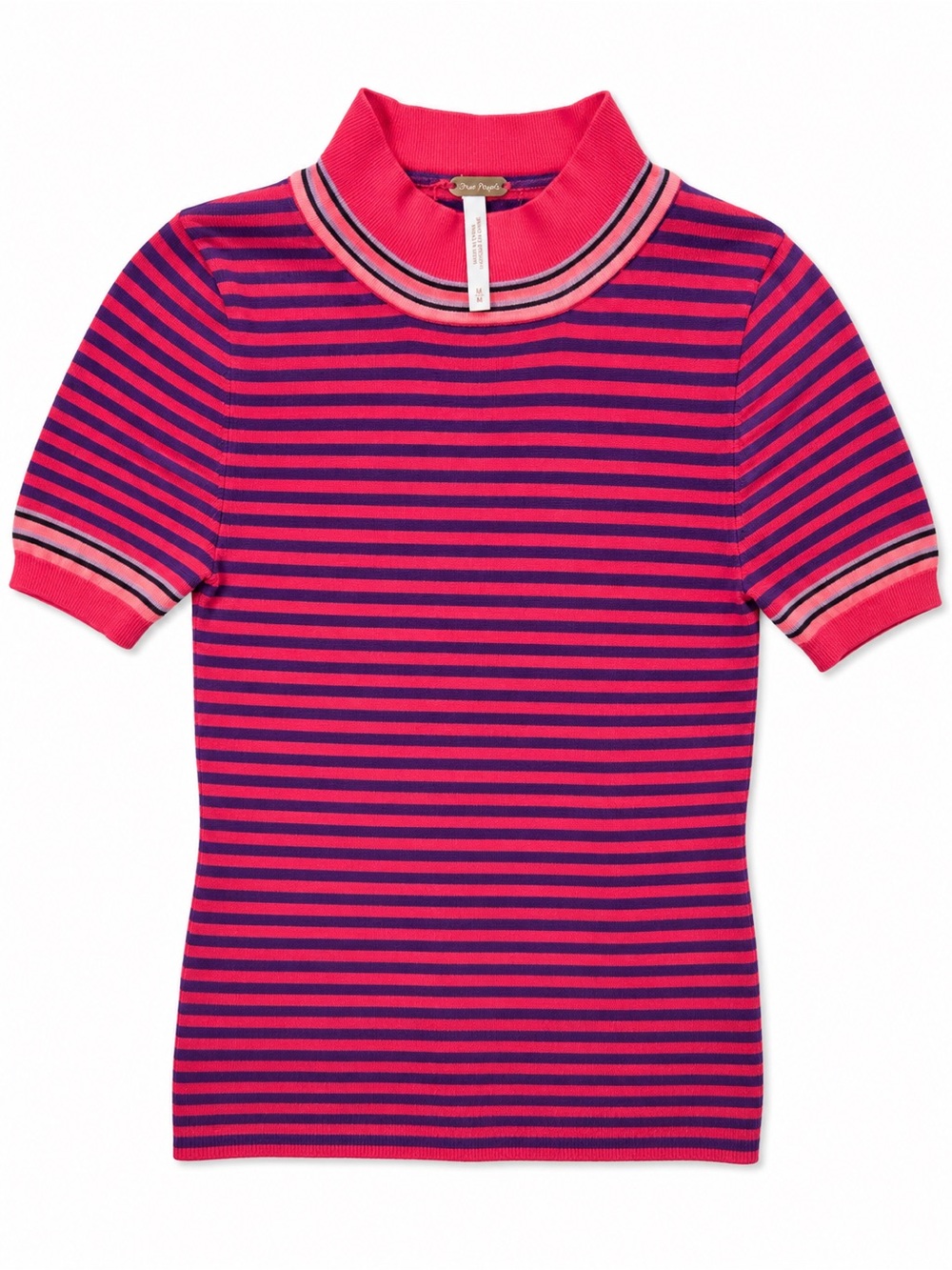 Free People Striped Mock Neck Knit Top Pink‎ Purple Retro Mod Preppy Medium